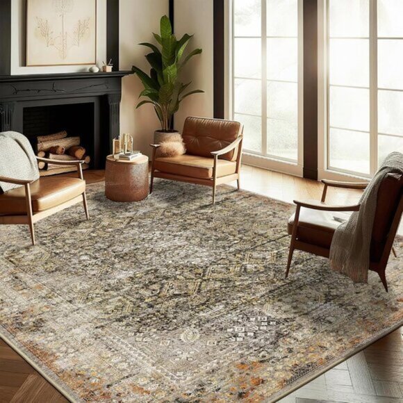 New 8x10 Washable Vintage Area Rug Distressed Floral Non-Slip Thin Carpet